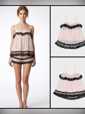 Vintage Victoria’s Secret Y2K Sheer Pink Black Lace Babydoll Milkmaid Cami Top M